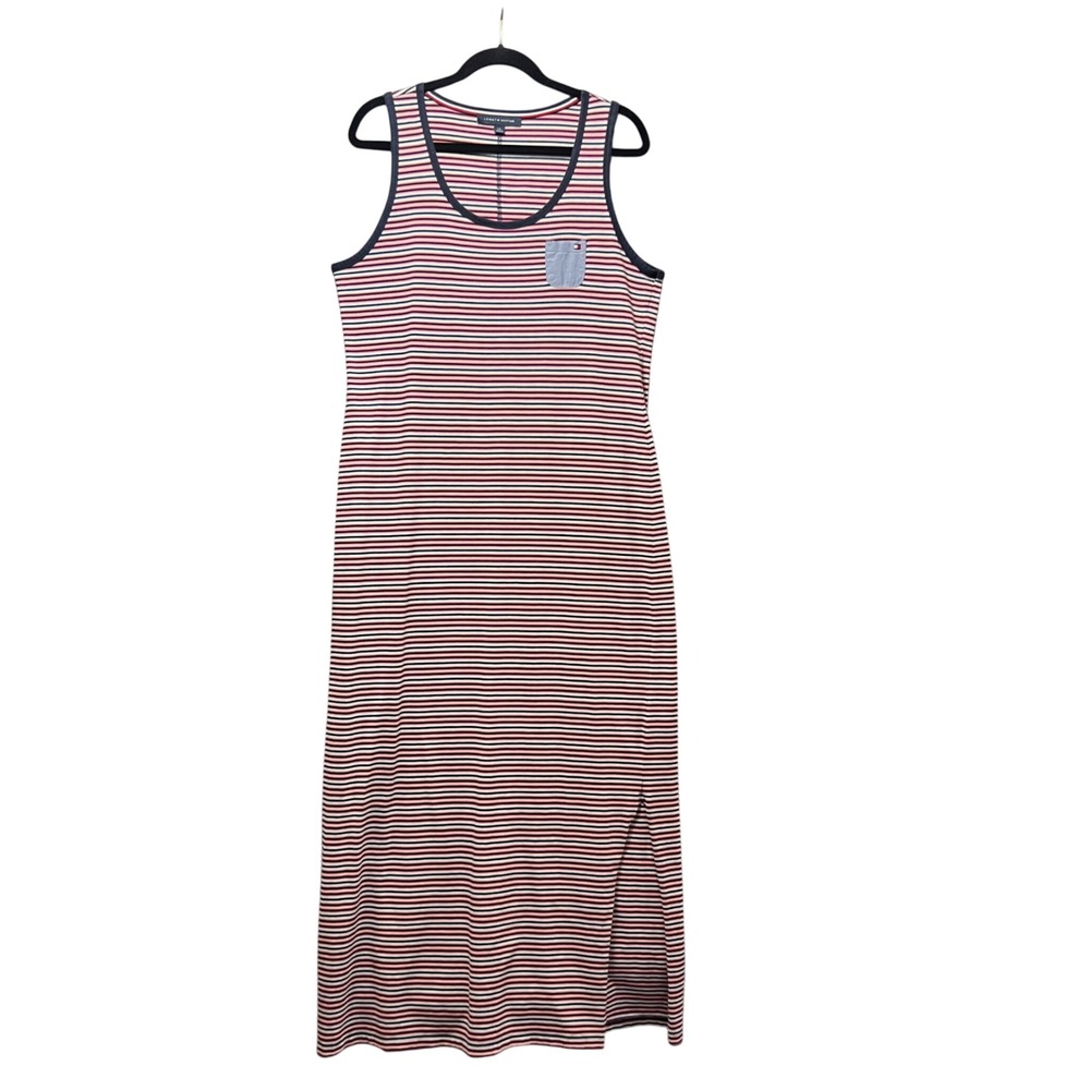 Tommy Hilfiger Tank‎ Maxi Dress Striped Sleeveless Casual Pocket Large Red White